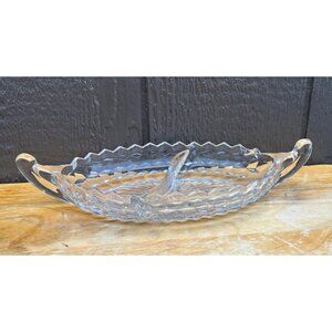 Vintage Fostoria Clear Glass 12" Divided Relish Dish Handles & Diamond Pattern